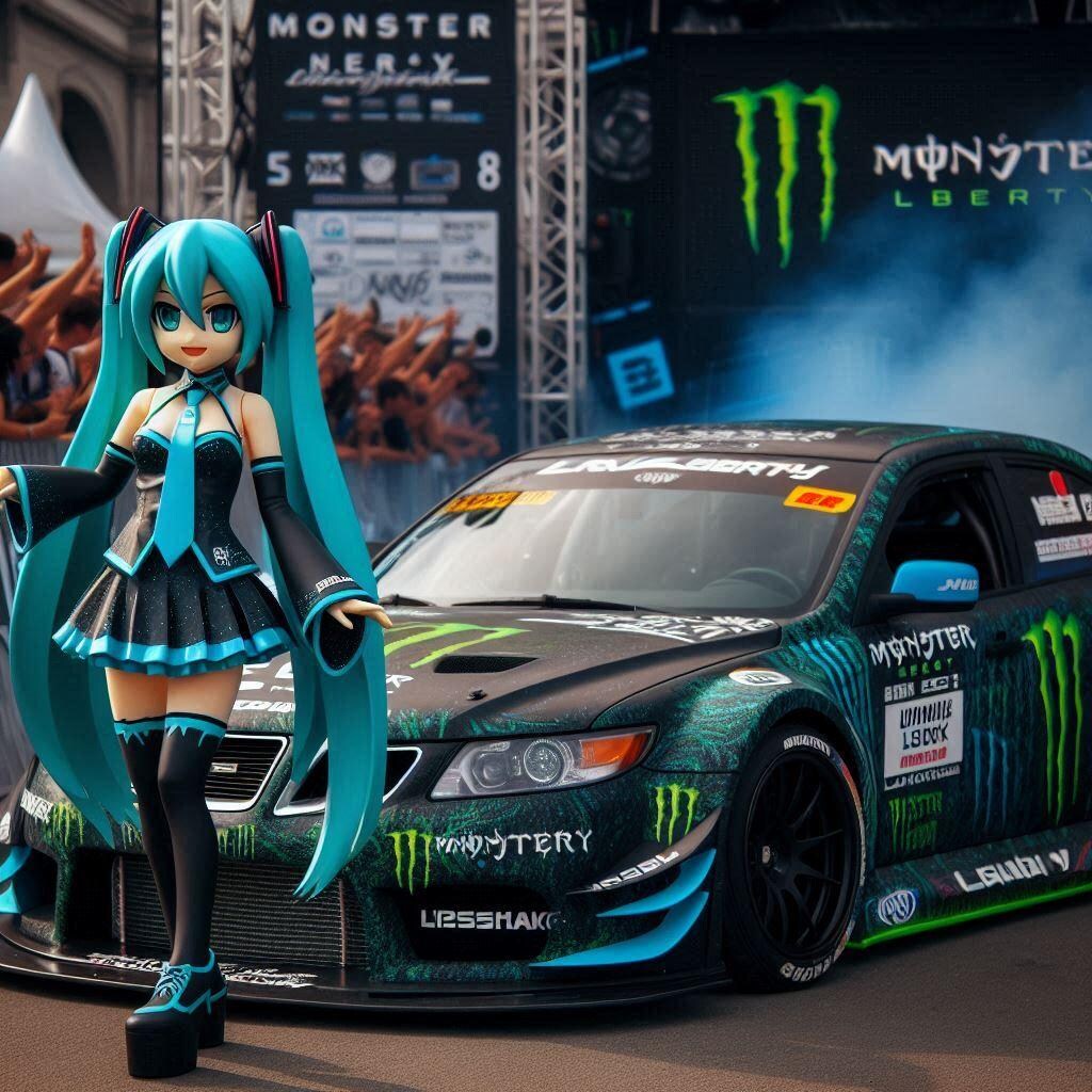 モンスターエナジーリバティーウォークサーブクーペのドリ車と初音ミク