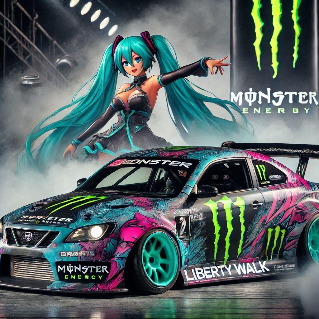 モンスターエナジーリバティーウォークサーブクーペのドリ車と初音ミク