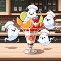 深夜食堂の厨房でパフェの日の準備をするお化けパティシエ達 2枚目