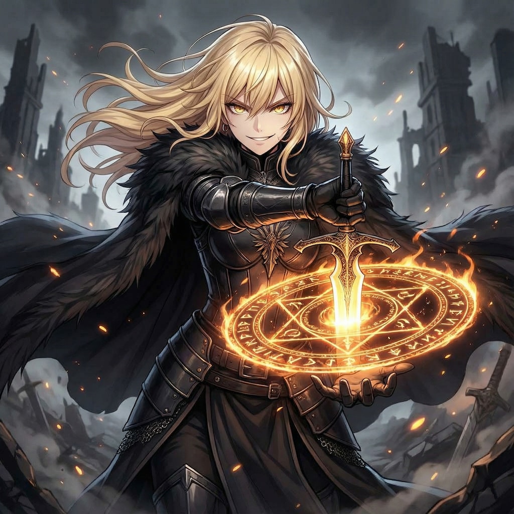 炎の魔法陣から剣を召喚するエリザベス