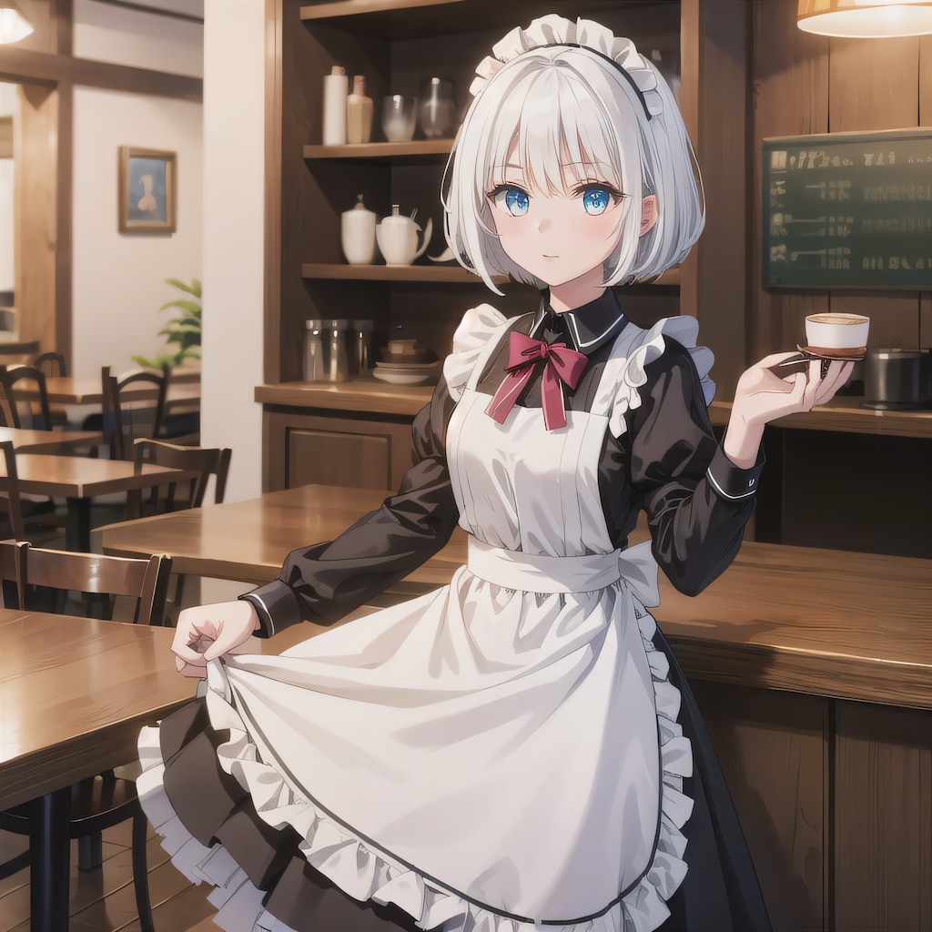白髪ボブでカフェの少女４