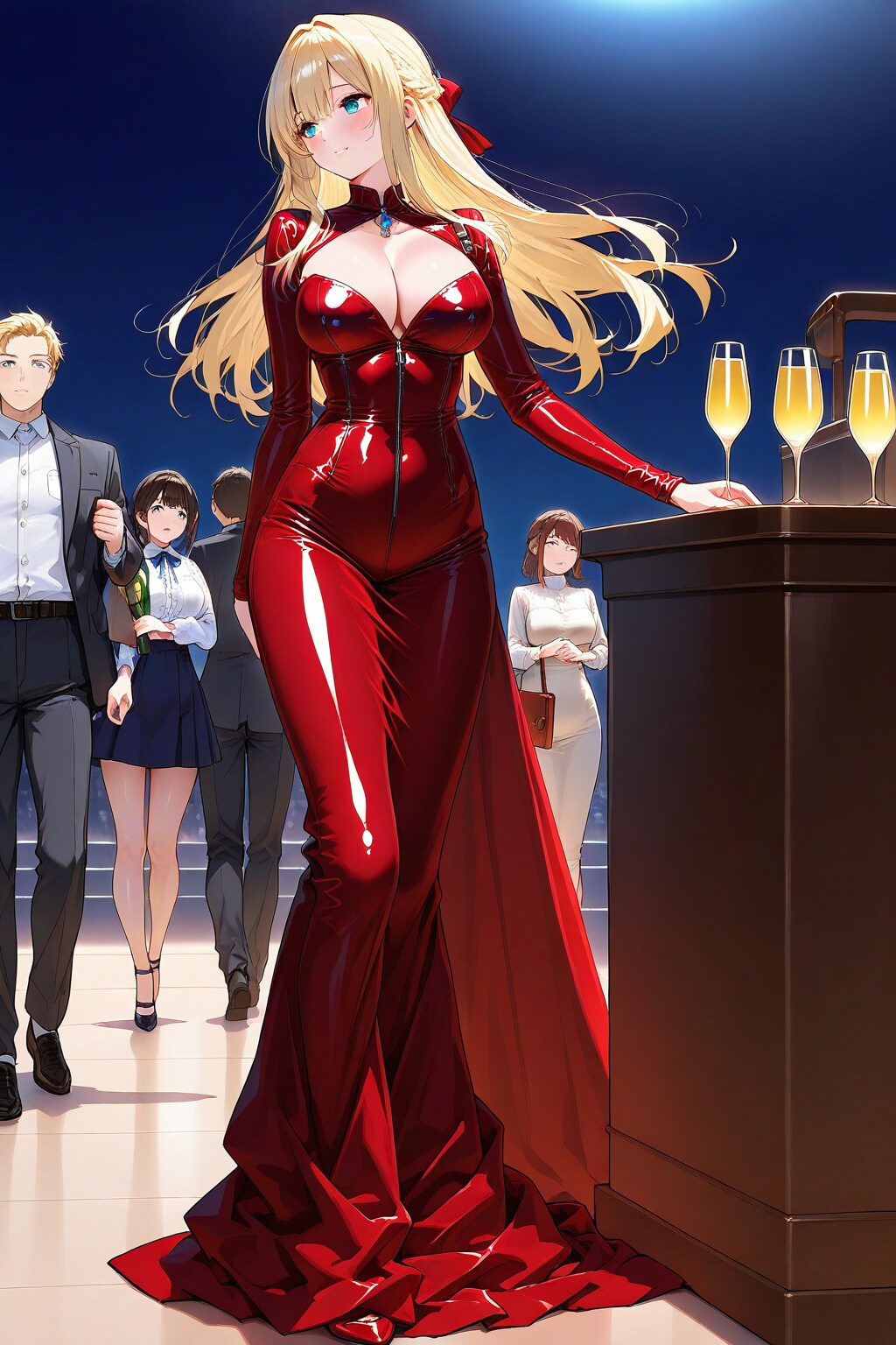 深紅のラテックスのロングドレスで立っている美女の全身画像