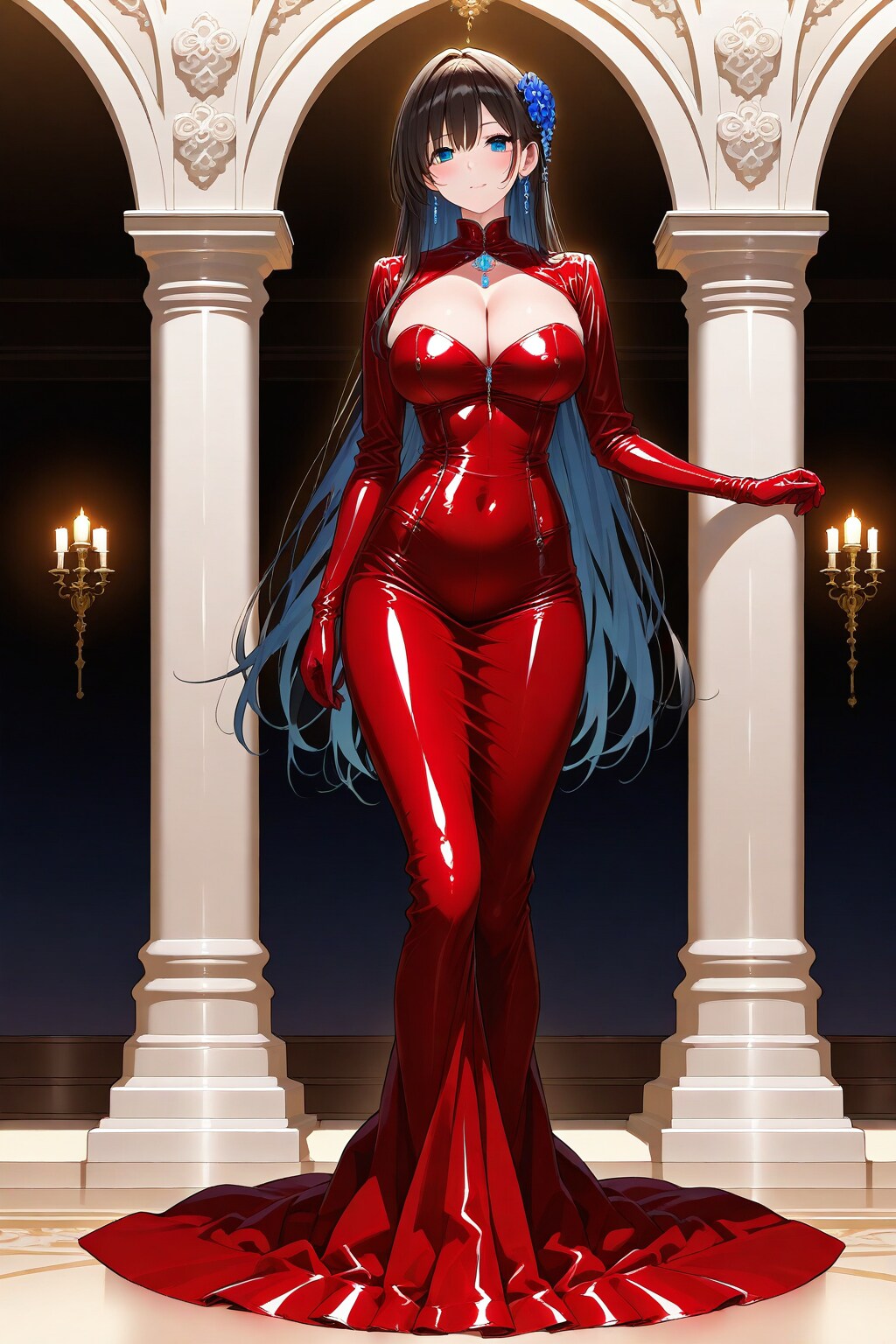 深紅のラテックスのロングドレスで立っている美女の全身画像