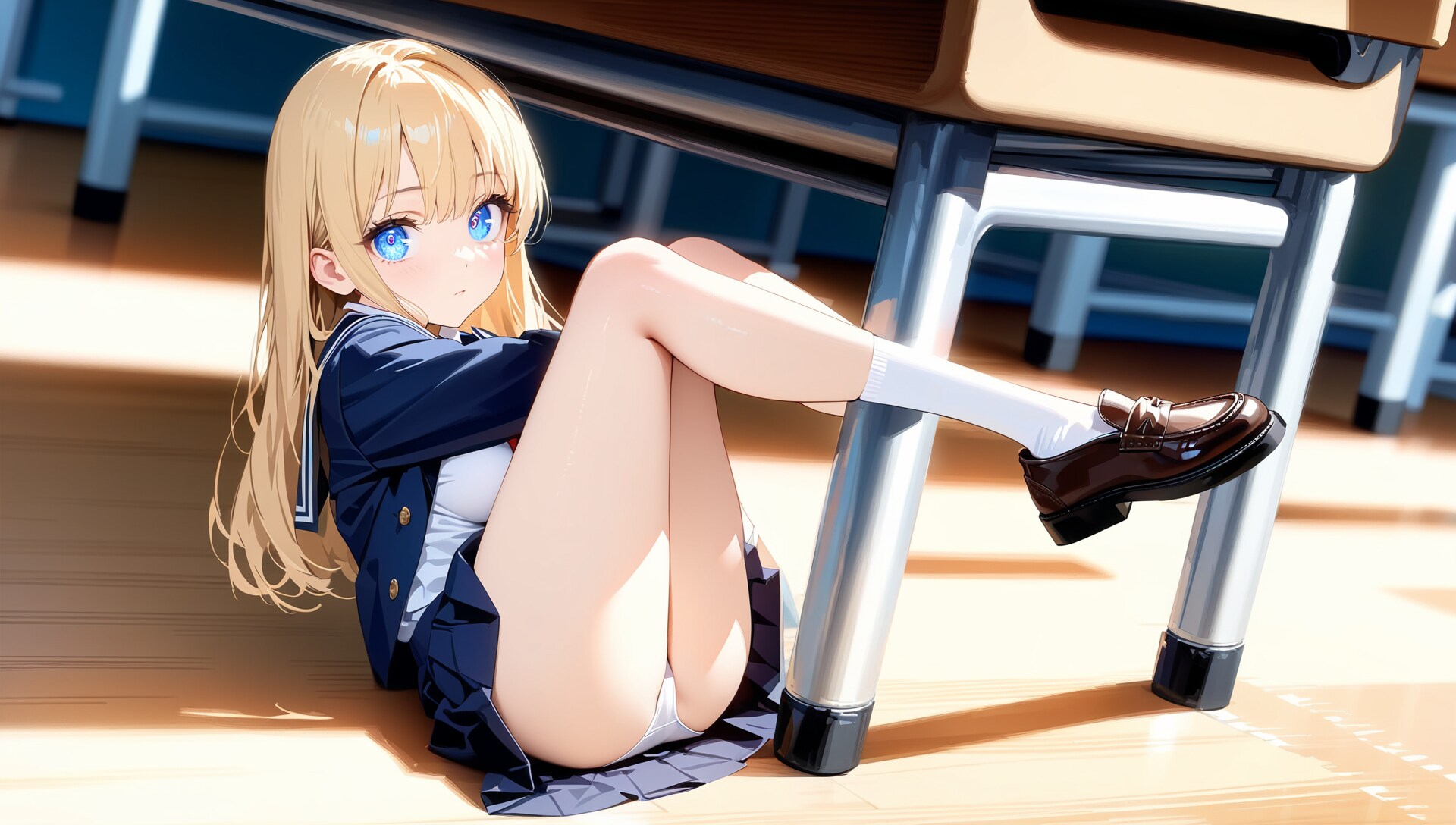 巨大な机の下でパンティーを見せてくる金髪美少女