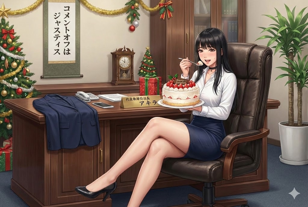 社長の椅子に座ってケーキを食べている秘書
