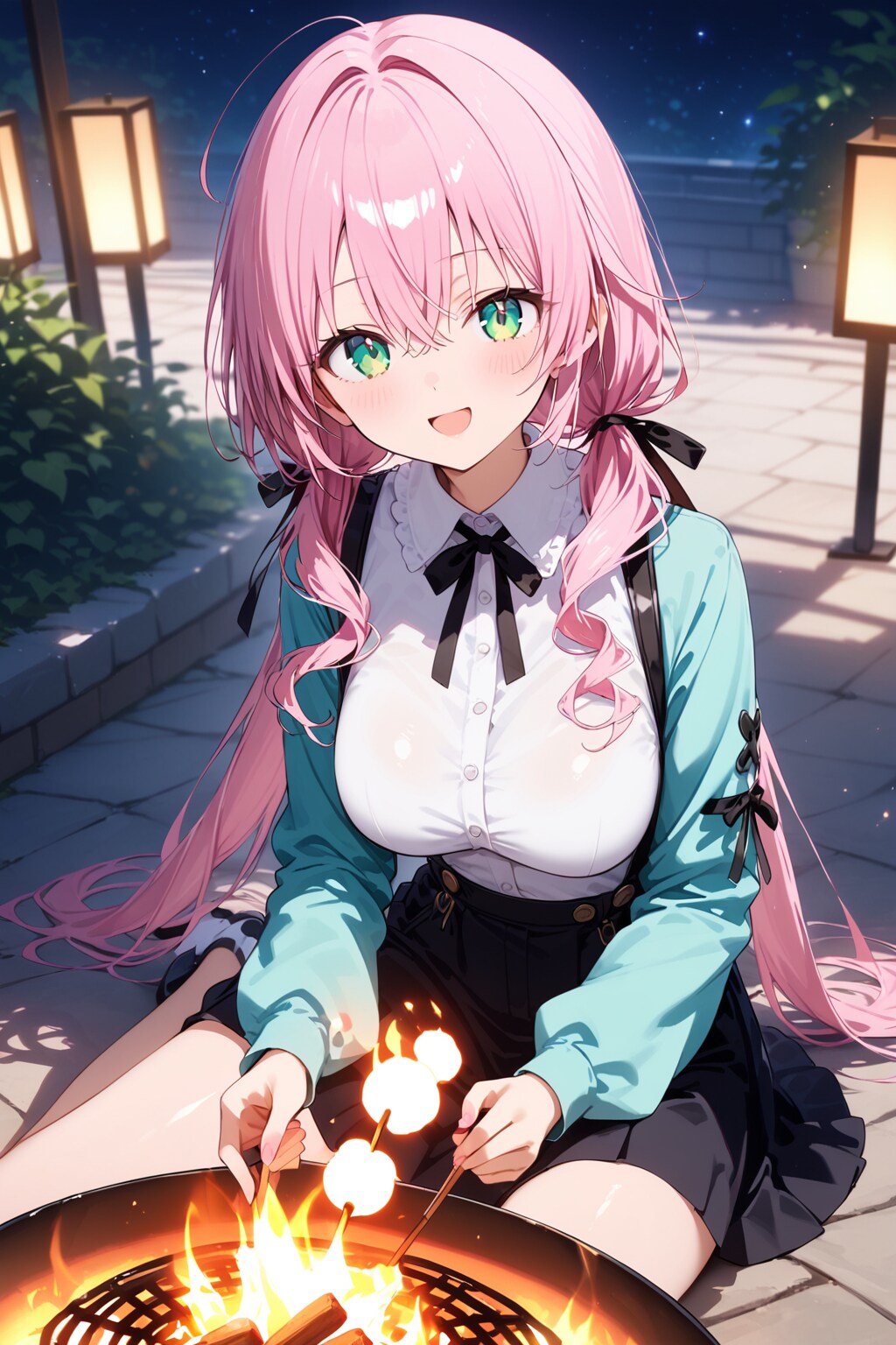 焚き火を囲む桃花