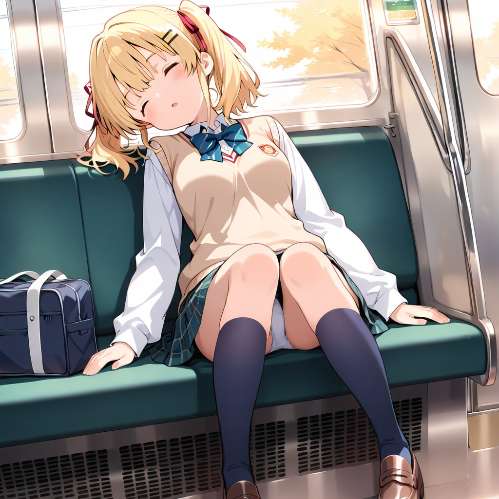 電車内でうとうと…白パンツチラリ♡ 金髪ツインテ制服莉奈の寝顔がかわいい😳