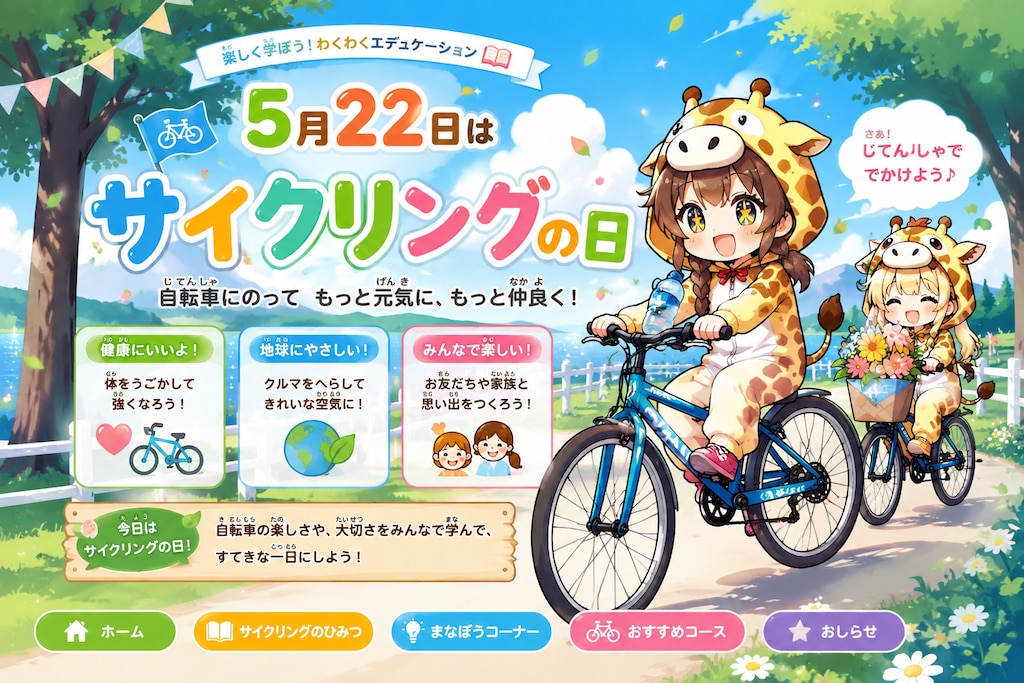 サイクリングを楽しむキリン着ぐるみちび子ちゃん