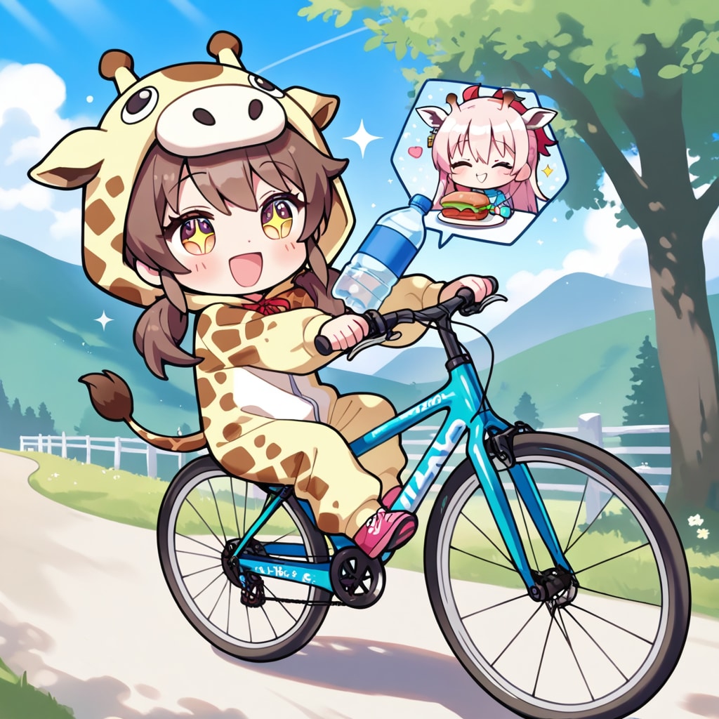 サイクリングを楽しむキリン着ぐるみちび子ちゃん