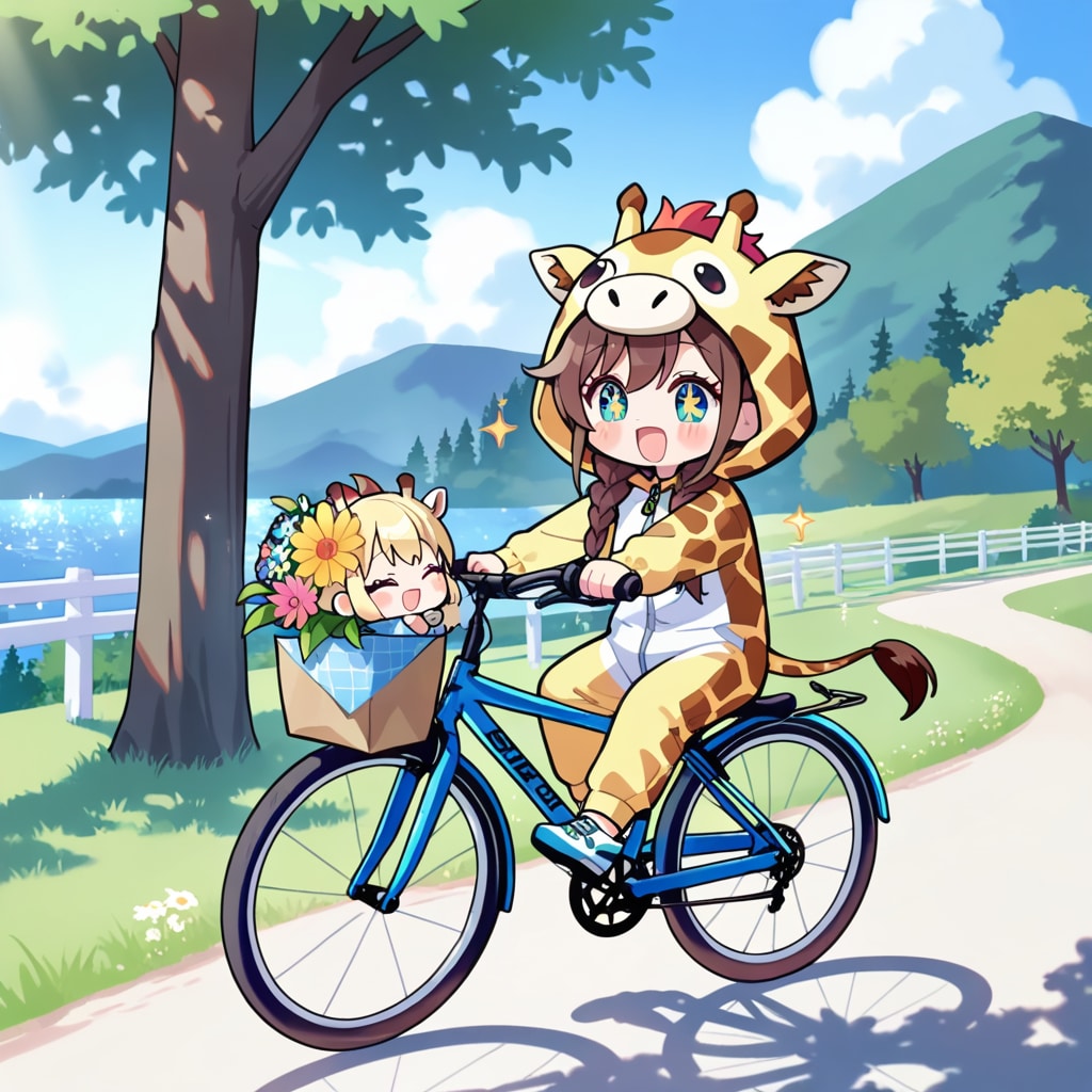 サイクリングを楽しむキリン着ぐるみちび子ちゃん | の人気AIイラスト・グラビア