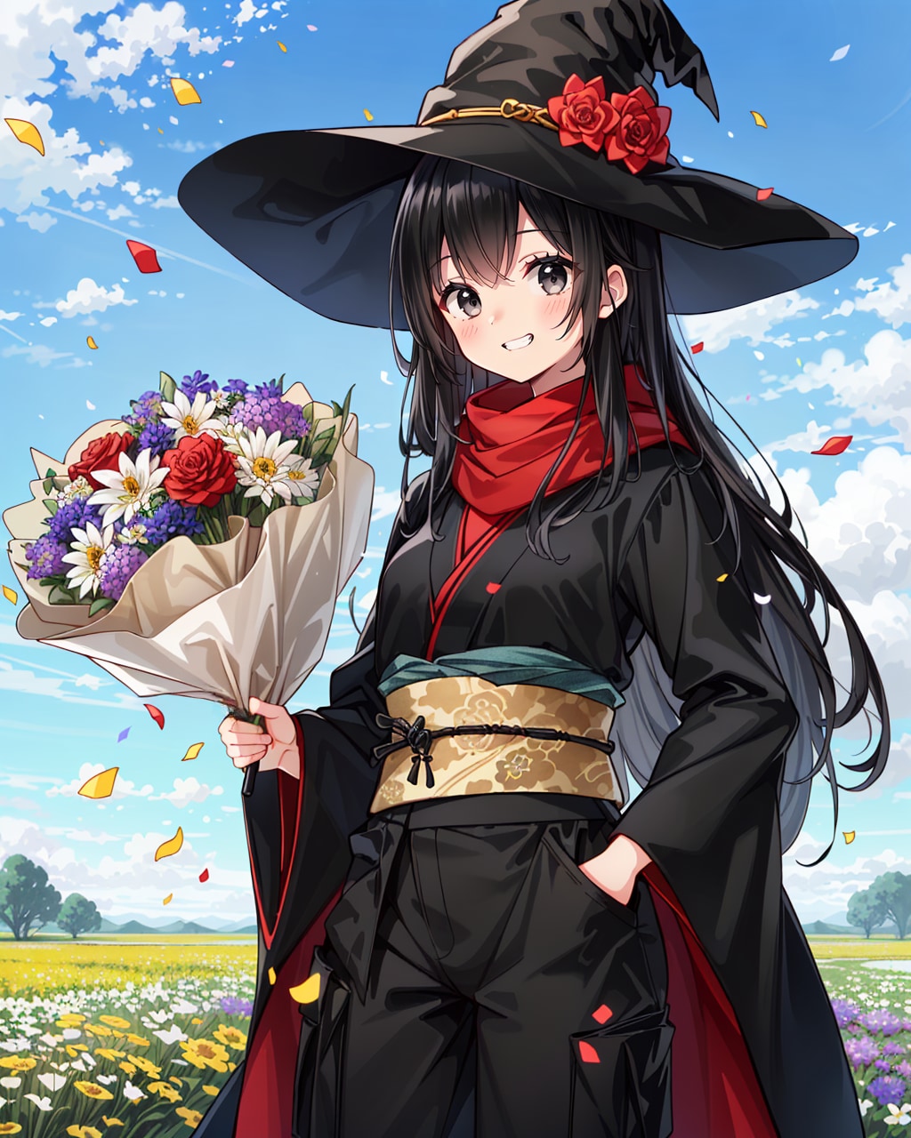 青空と花畑を背景に花束を持つ魔女