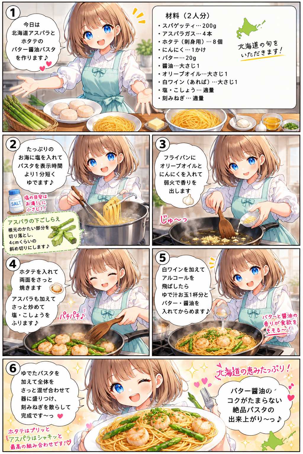 北海道アスパラとホタテのバター醤油パスタ