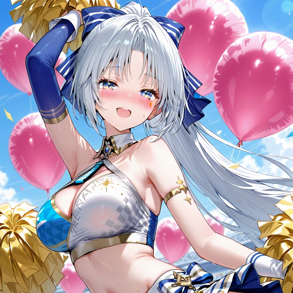 いっぱい風船を持つ白い髪ポニーテールのチアガール衣装の美女。