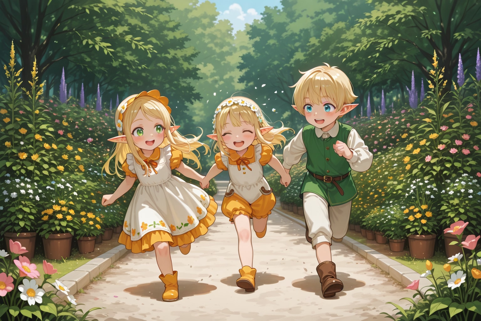 お庭を駆け回るエルフの子供たち | の人気AIイラスト・グラビア