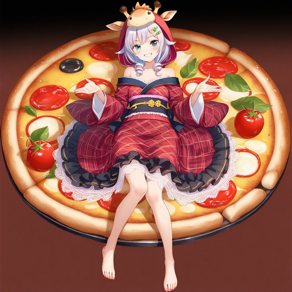 ピザとソファとアニマルフーディーお姉さんとちび子ちゃん