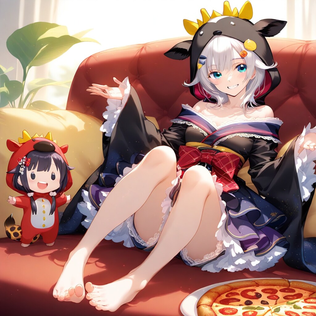 ピザとソファとアニマルフーディーお姉さんとちび子ちゃん