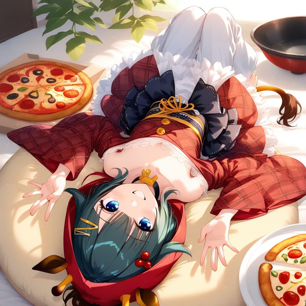 ピザとソファとアニマルフーディーお姉さんとちび子ちゃん