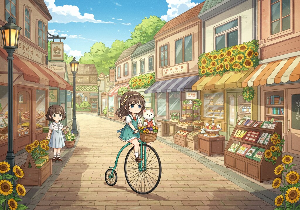 ヒマワリのある風景42・自転車と猫と女の子