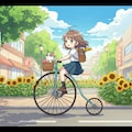 ヒマワリのある風景42・自転車と猫と女の子 3枚目