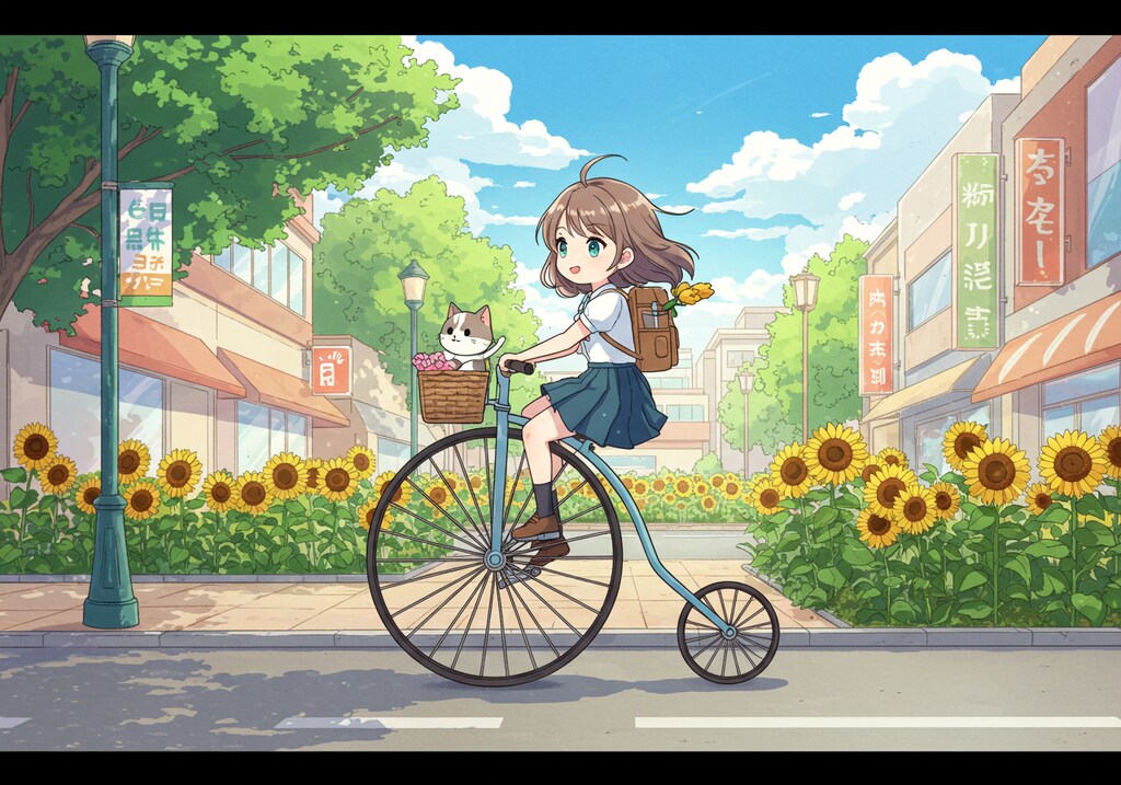 ヒマワリのある風景42・自転車と猫と女の子