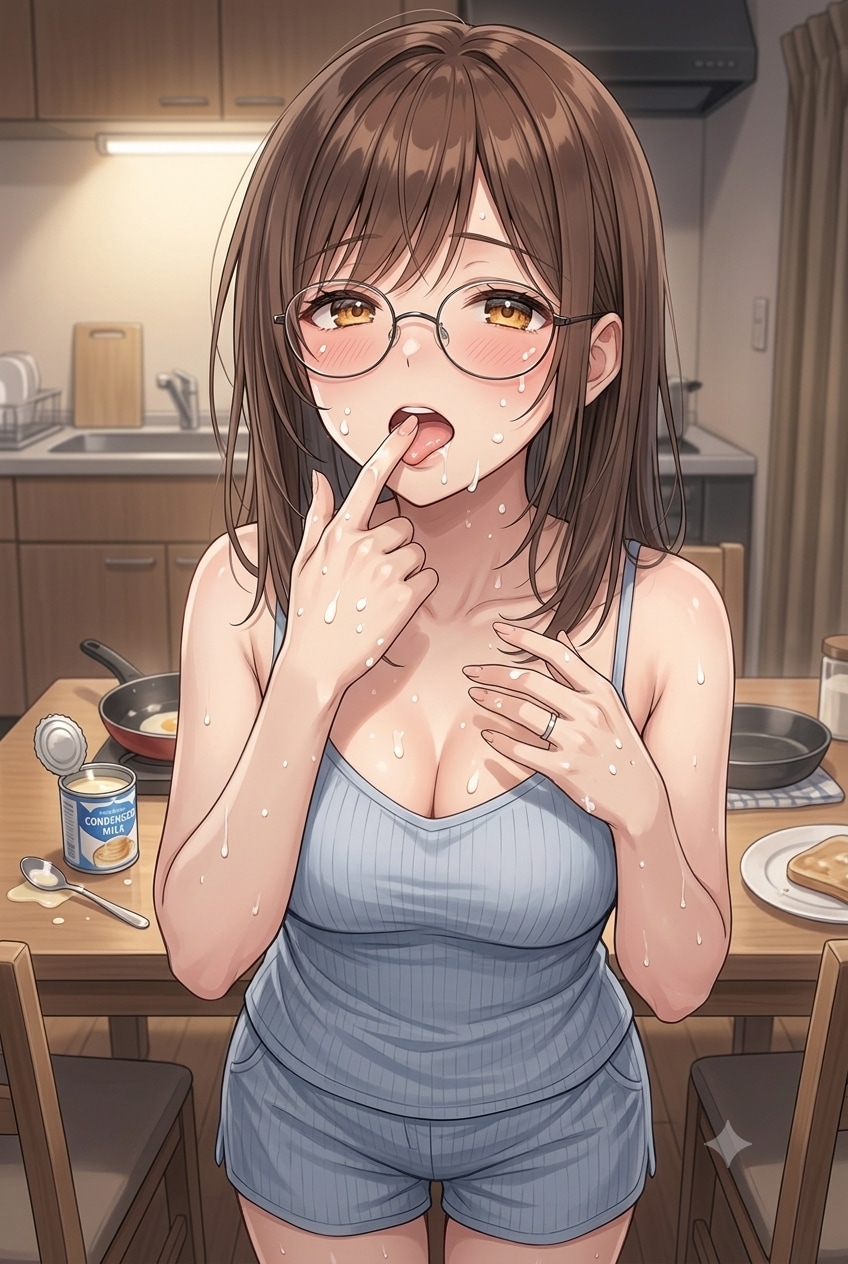 練乳を舐める若妻