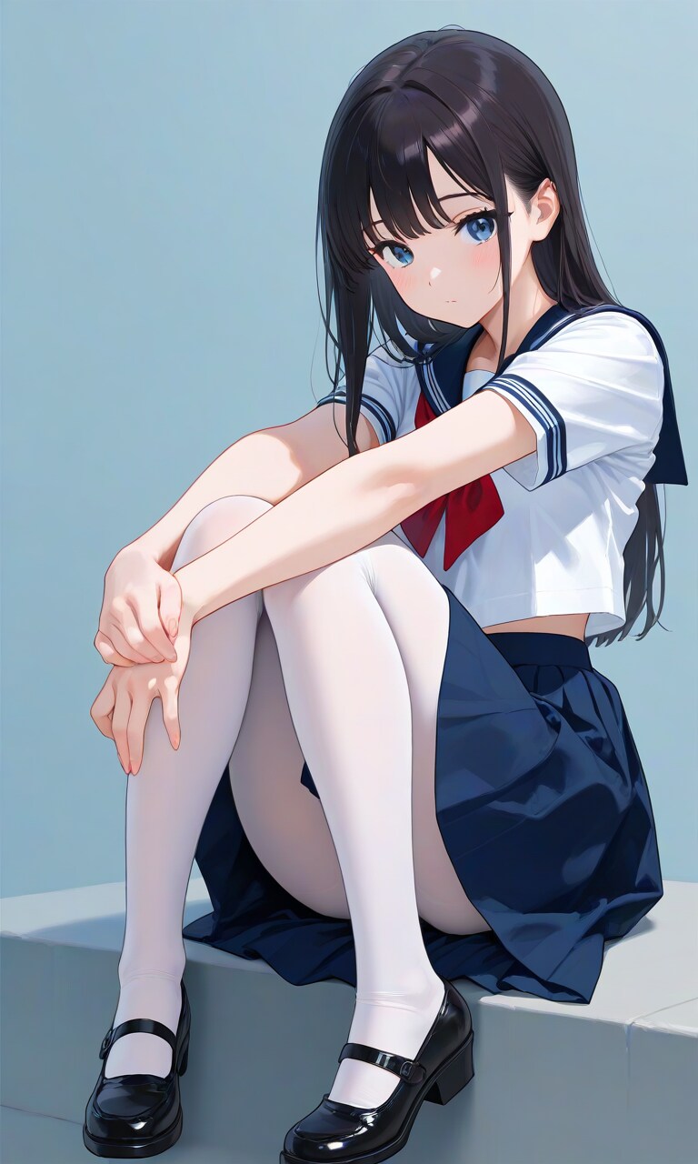 セーラー服、ロングヘア、白ストッキング、座り | の人気AIイラスト・グラビア