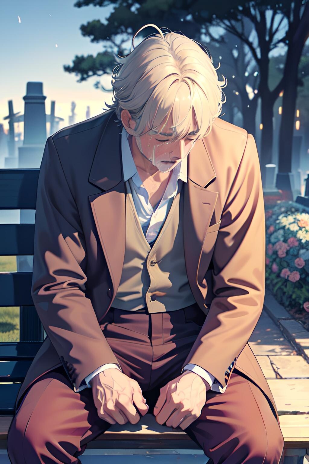 墓地のベンチで亡き妻を悼む夫