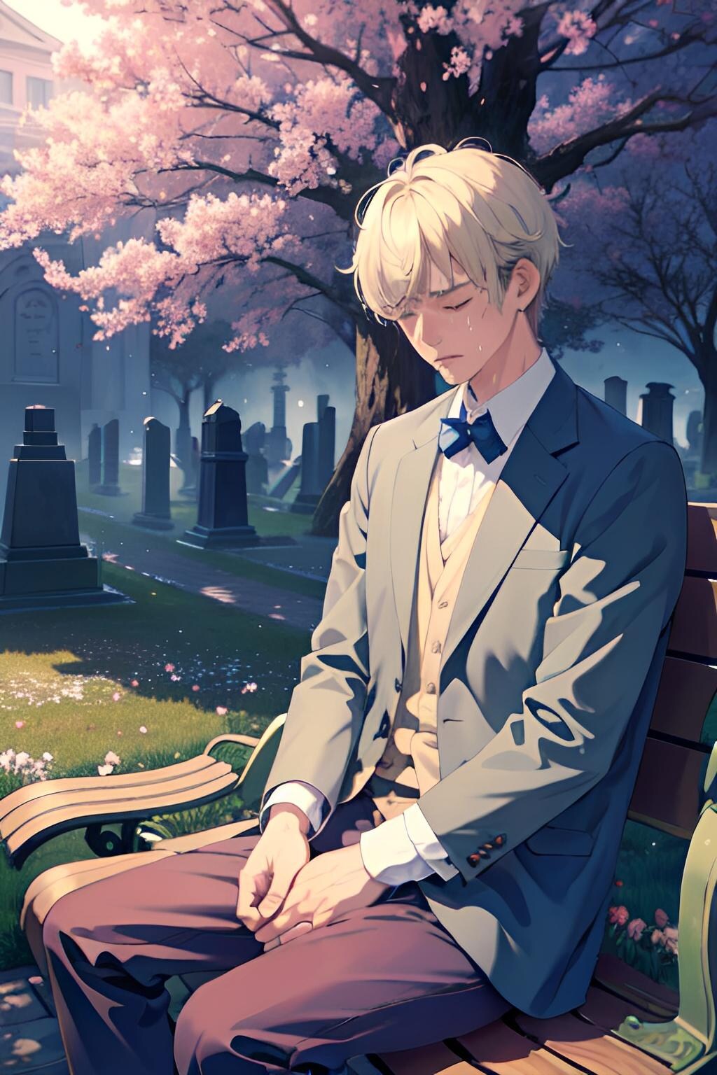 墓地のベンチで亡き妻を悼む夫