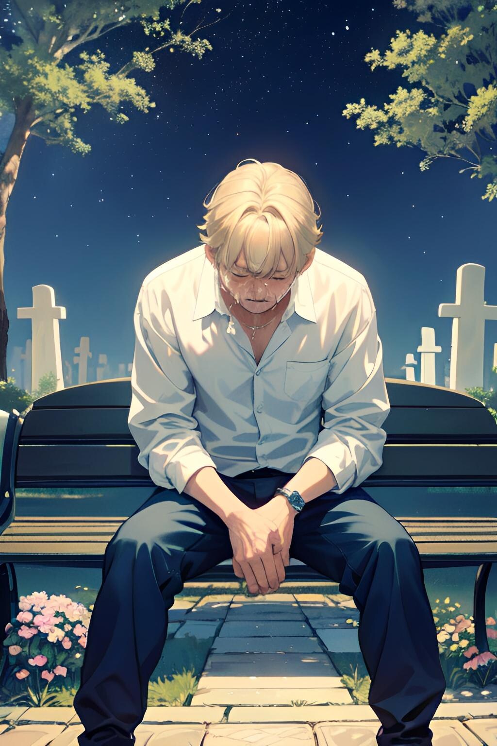 墓地のベンチで亡き妻を悼む夫