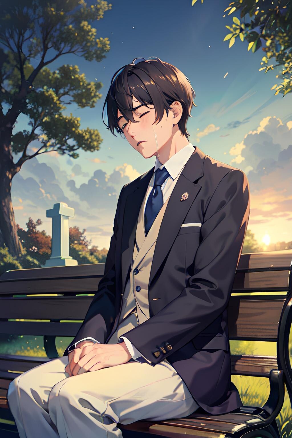 墓地のベンチで亡き妻を悼む夫