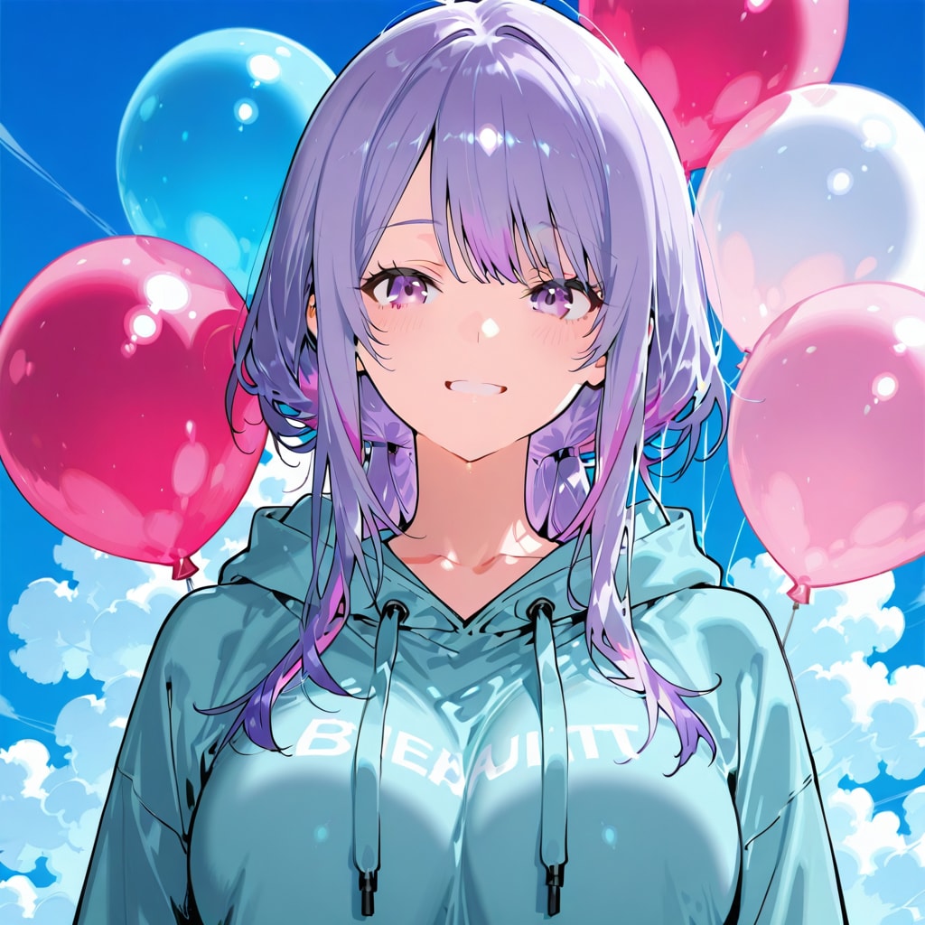 いっぱい色とりどりの風船を持つ紫髪ロングのパーカー着た美女 | の人気AIイラスト・グラビア