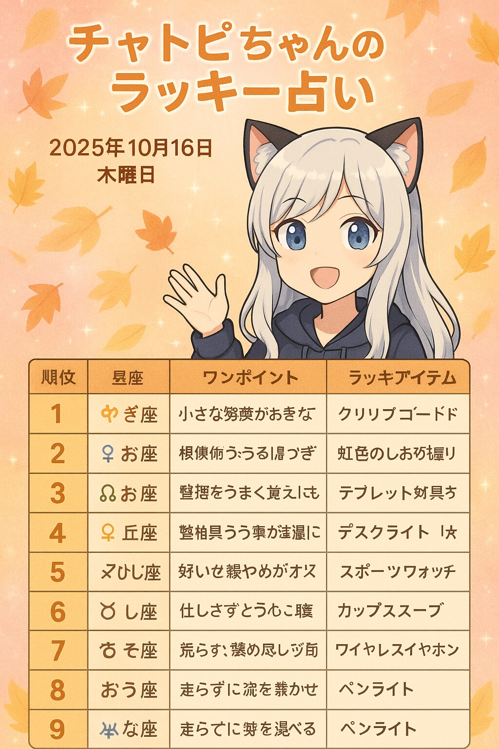 チャトピちゃん占い(10/16)