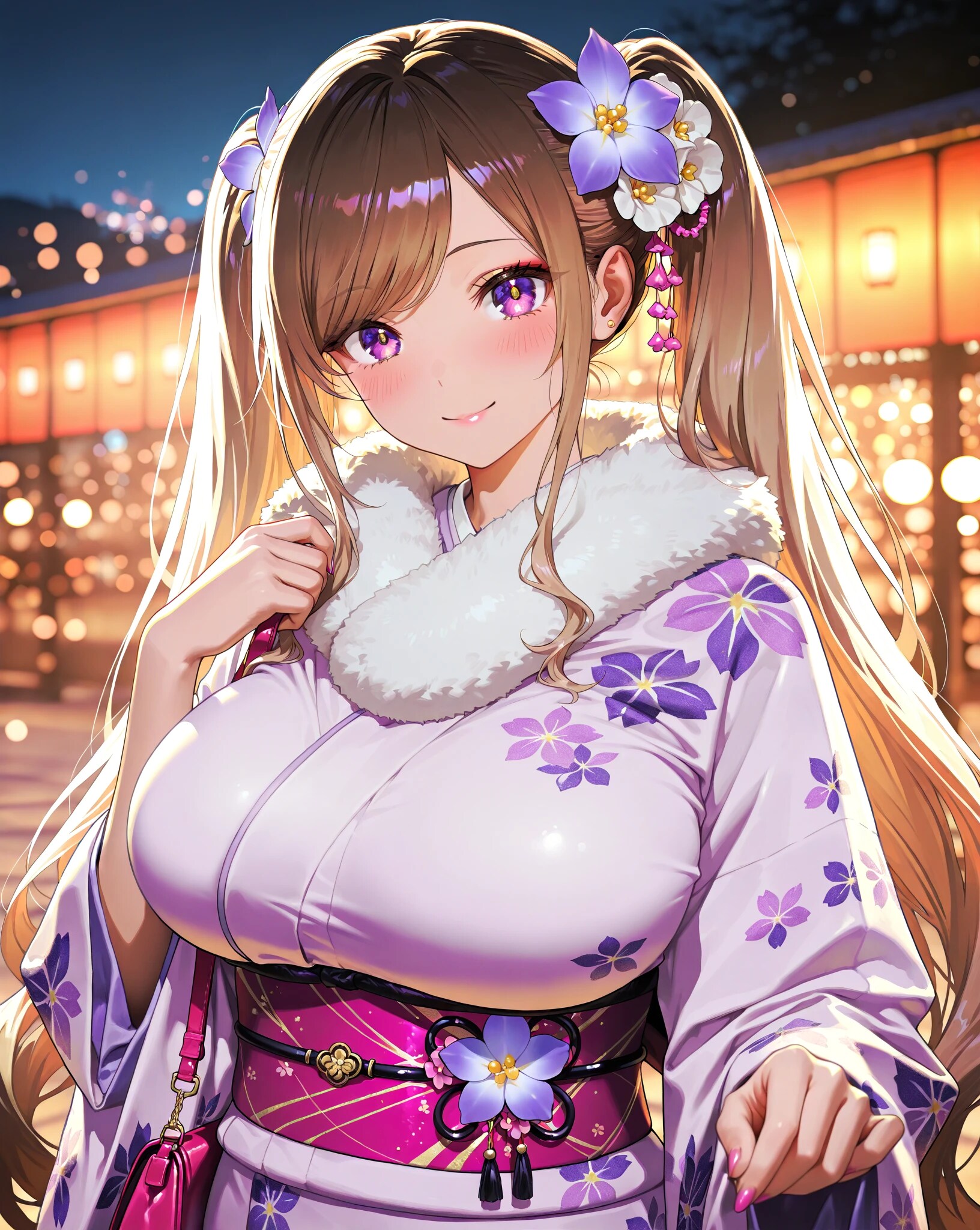 紫花のファー着物巨乳ギャル〜新春の夜祭り〜