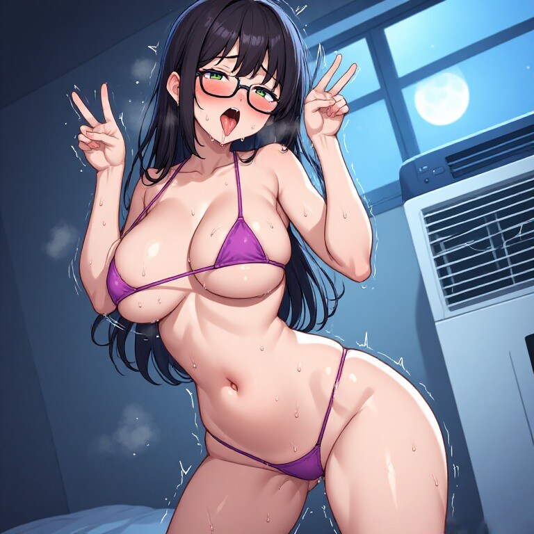 黒髪メガネ マイクロビキニでアヘ顔