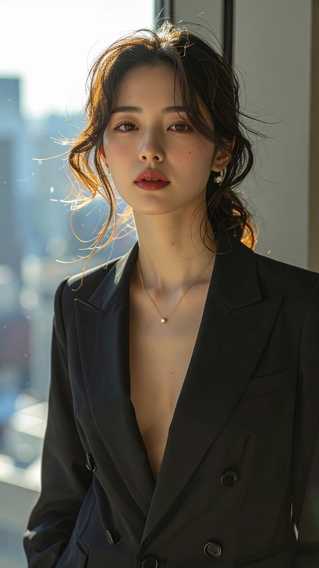 高層ビルでファッション撮影