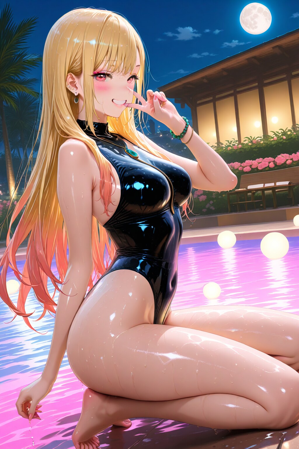 モノキニの海夢さんと夜のプールで。