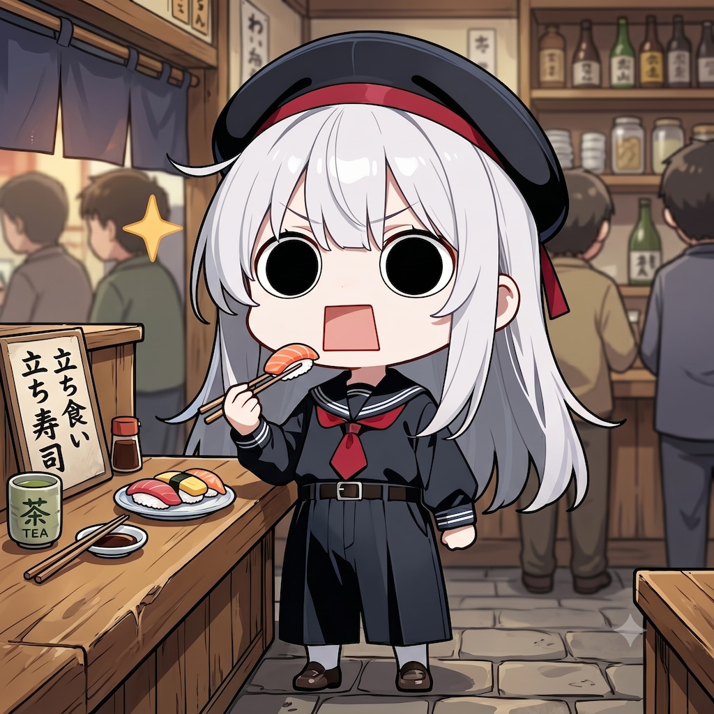 立ち食い寿司を頂くえらいこっちゃ嬢