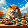 油絵、高級レストランで世界全ての美味しい料理を食べる柴犬 3枚目