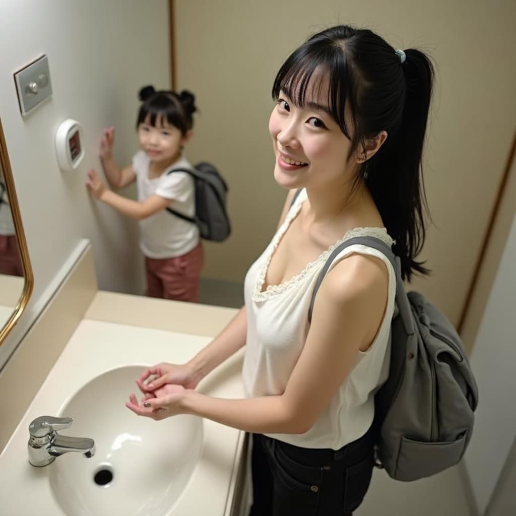 手洗いする子連れのママさん