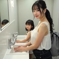手洗いする子連れのママさん 2枚目