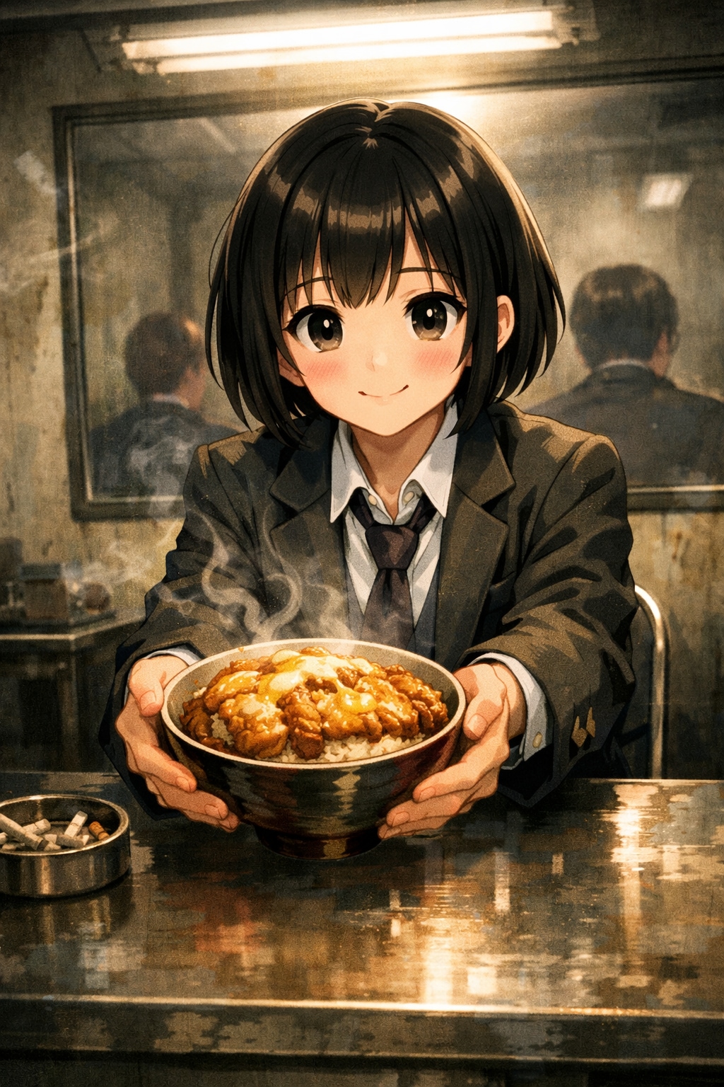 カツ丼を差し出す女の子