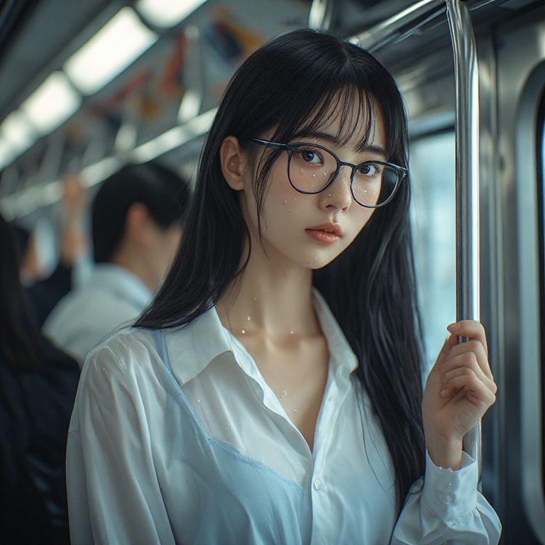 黒髪メガネ　電車内フォト