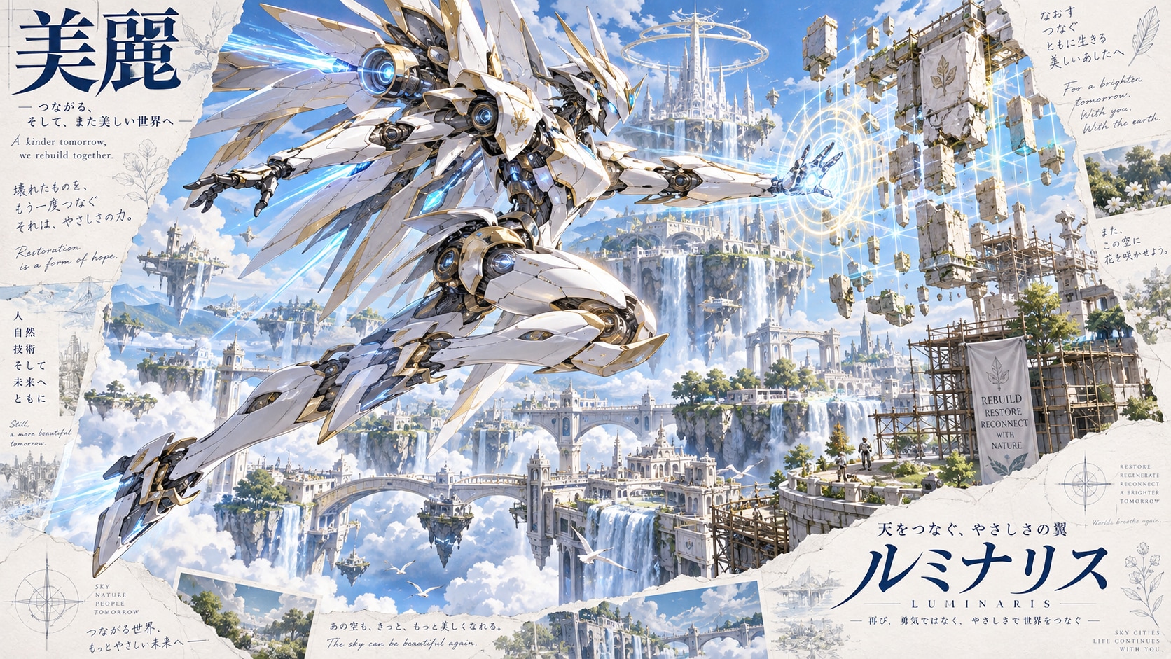 Luminaris, wings of kindness soaring over a sky-city rising again between waterfalls and floating st | の人気AIイラスト・グラビア