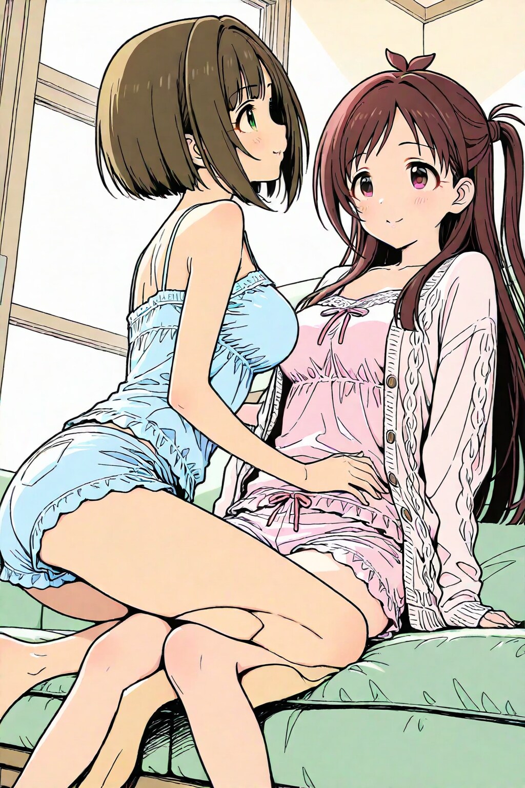 夜のリビングルームでコットンニットを羽織ったキャミソールみくにゃんご (BEHIMOTH)