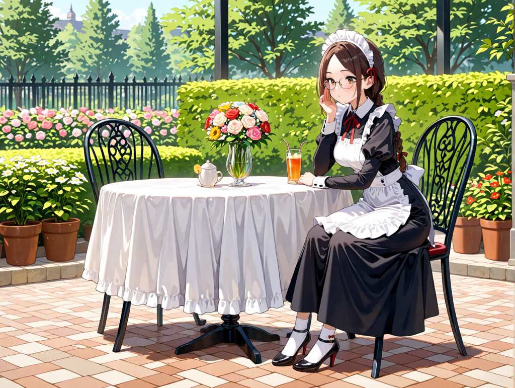 庭で休憩する三つ編み眼鏡メイド