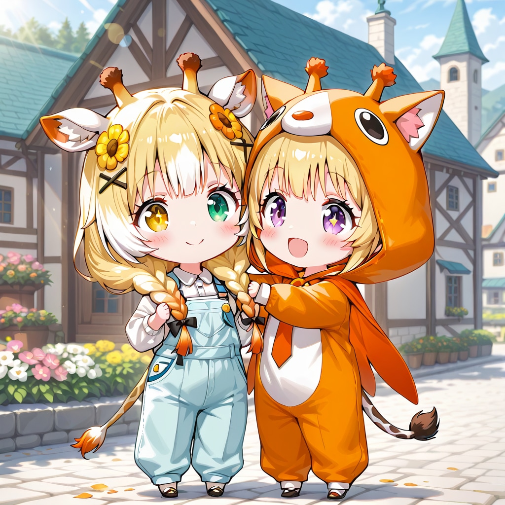 お花と石畳の街並みとキリン着ぐるみちび子ちゃん | の人気AIイラスト・グラビア