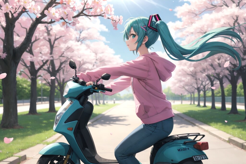 スクーターで花見に出かけたミクさん