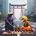 【謎画像】人の消えた街でビッグバードとピクニックをする侍 4枚目
