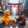 【謎画像】人の消えた街でビッグバードとピクニックをする侍 2枚目