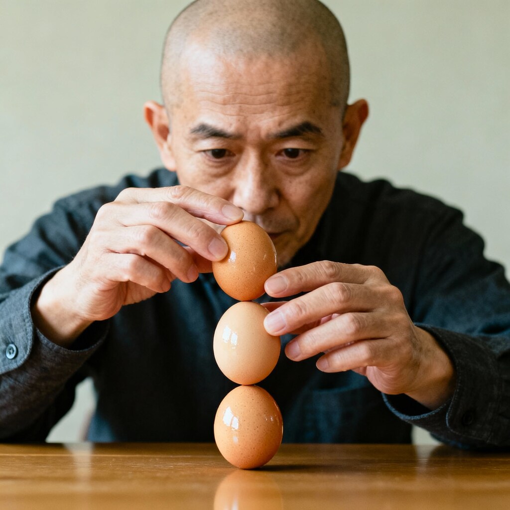 卵の上に卵を乗せようとするおっさん